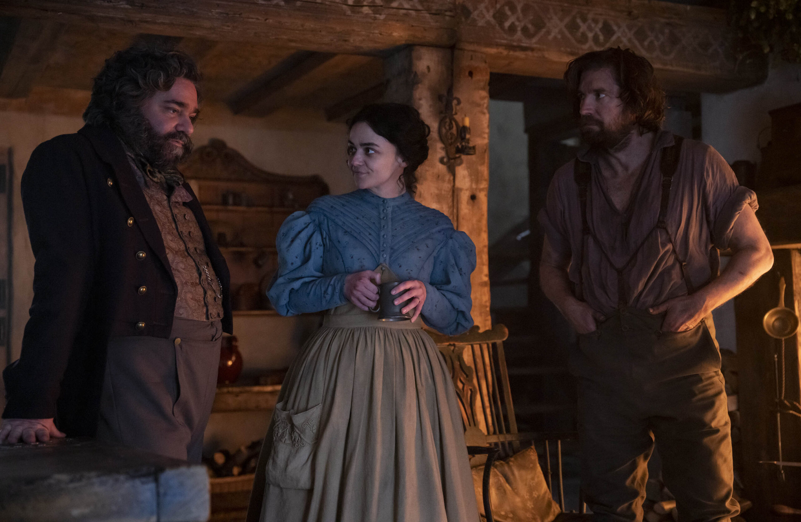Matt Berry come Mr. Pumblechook, Hayley Squires come Sara Gargery, Owen McDonnell come Joe Gargery in Great Expectations 1x02 [tag: Matt Berry, Hayley Squires, Owen McDonnell] [credit: Miya Mizuno/FX; Copyright 2023, FX Networks. All Rights Reserved; courtesy of Disney]
