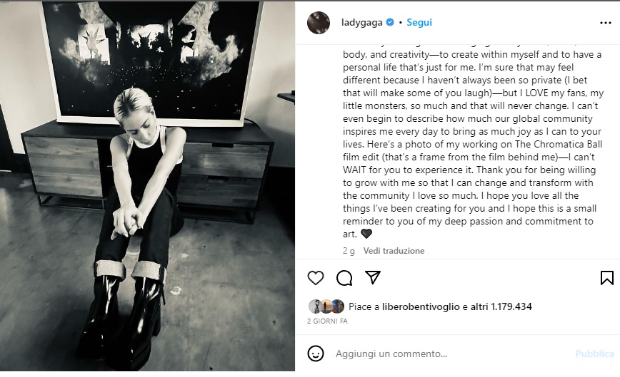 Il post che la cantante di Bad Romance ha condiviso sul suo account ufficiale di Instagram