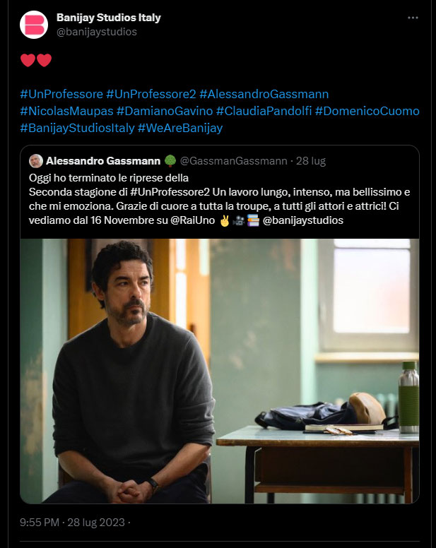 Il tweet di Alessandro Gassmann con la data di uscita di Un professore 2 su Rai1