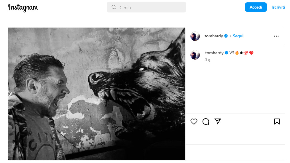 La foto condivisa da Tom Hardy su Instagram - presunta prima foto ufficiale dal set di Venom 3