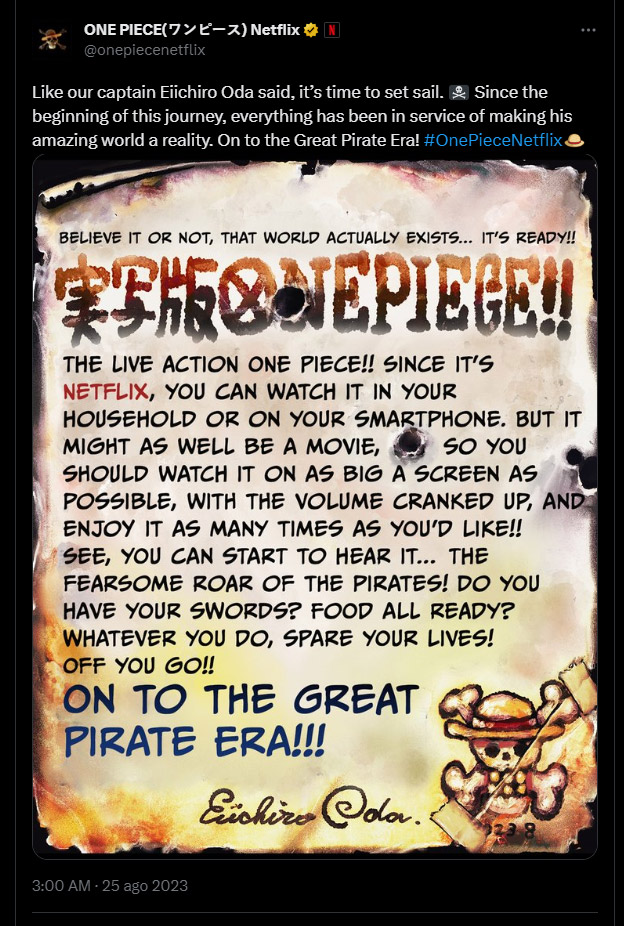 One Piece, live action Netflix - lettera Eiichiro Oda 25 agosto 2023