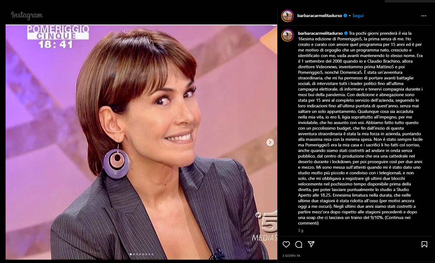 Barbara D'Urso saluta il pubblico di Pomeriggio Cinque su Instagram