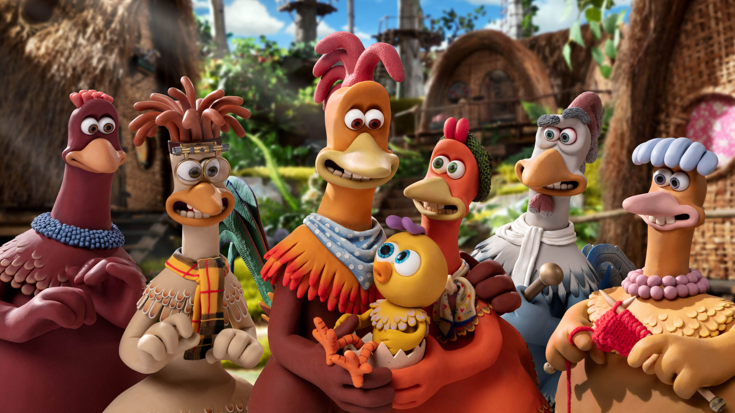 Bunty (Imelda Staunton), Mac (Lynn Ferguson), Rocky (Zachary Levi), Molly (Bella Ramsey), Ginger (Thandiwe Newton), Fowler (David Bradley), and Babs (Jane Horrocks) in Galline in Fuga - L'alba dei Nugget [credit: Aardman/Netflix]