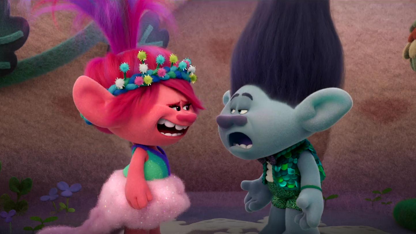 Trolls 3 - Tutti Insieme, scena da clip Poppy trova Branch ascoltare i Brozone